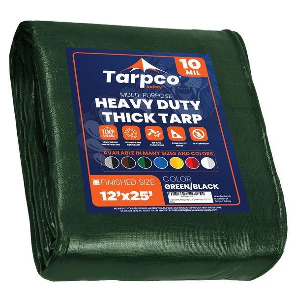 Tarpco Safety 25 ft L x 0.5 mm H x 12 ft W Heavy Duty 10 Mil Tarp, Green/Black, Polyethylene TS-153-12X25